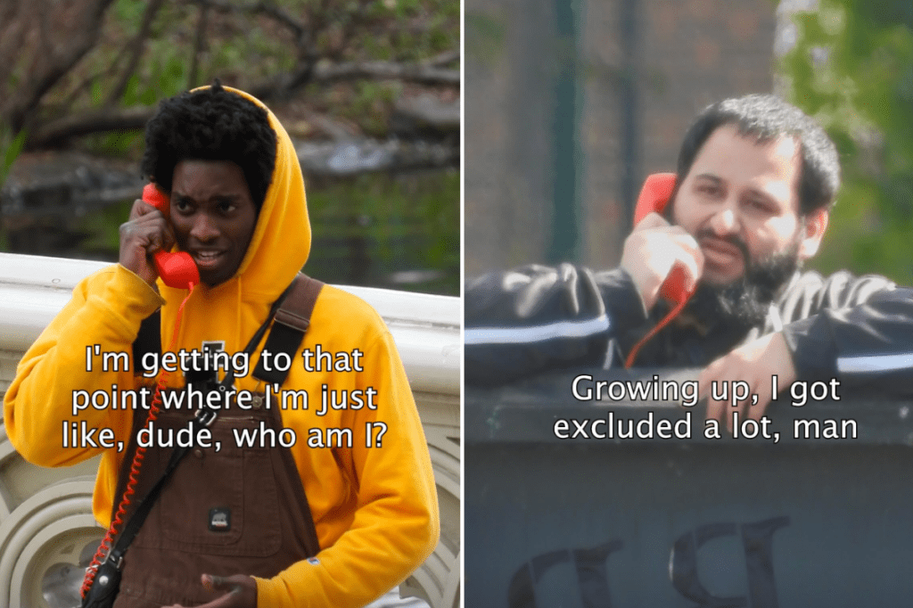Strangers answer a mysterious red telephone on a bridge