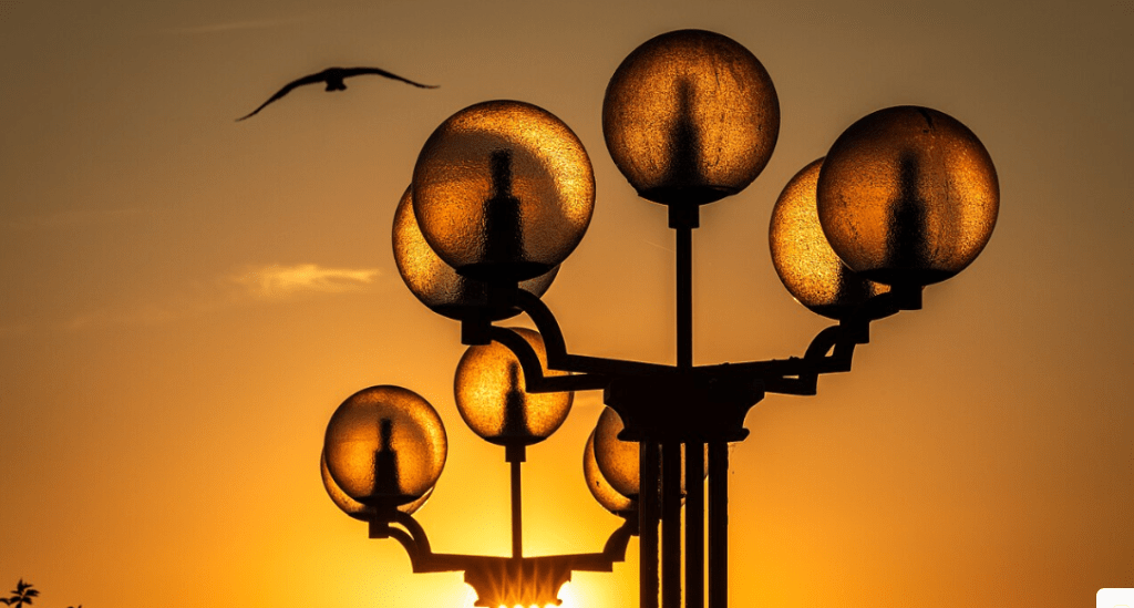 street lights, germany, lampost, sunset, birds