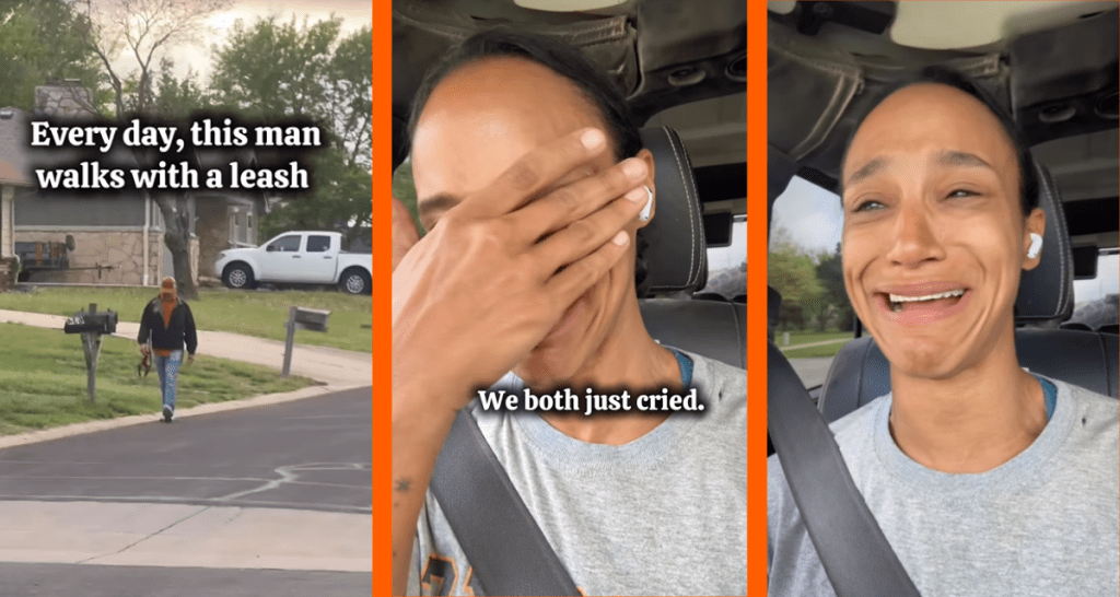 A dog trainer noticed a man walking every day with a dog leash but no dog. She asked why, and his reply brought them both to tears.