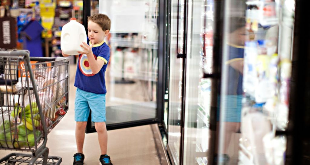 grocery shopping, boys, man teaching boys, division of labor, community