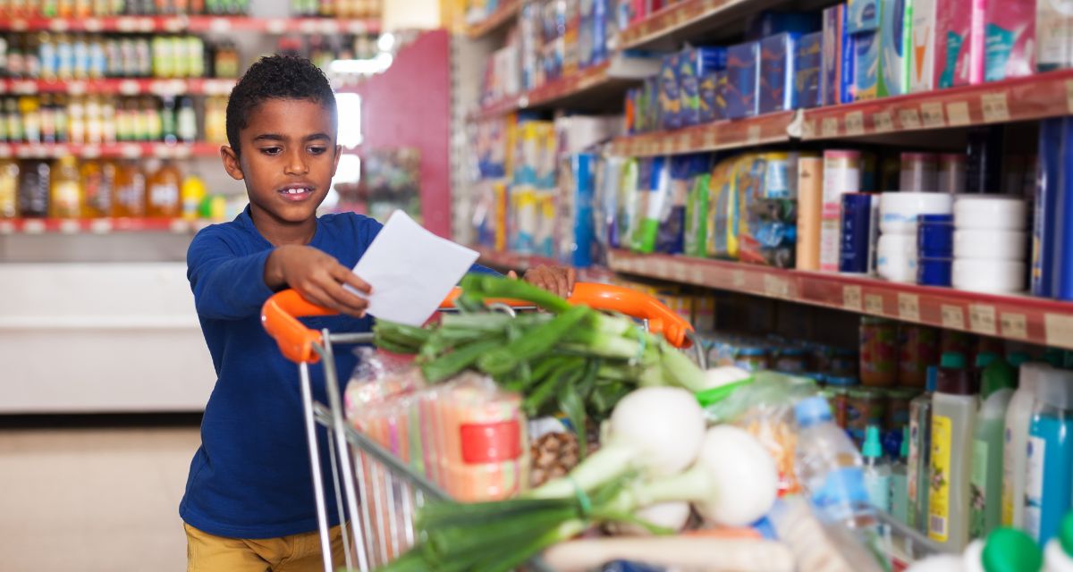 grocery shopping, boys, man teaching boys, division of labor, community
