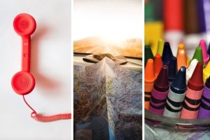 red wired telephone, map partially folded, crayons