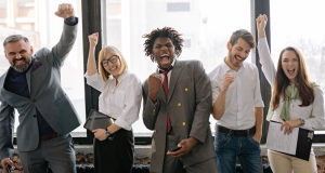 4 day work, happy coworkers, office workers, office celebration, happy people