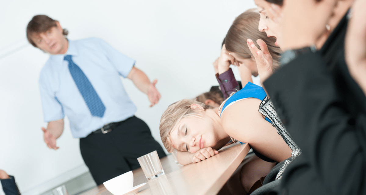 bored employee, sleepy employee. long meeting, jargon, talkative boss