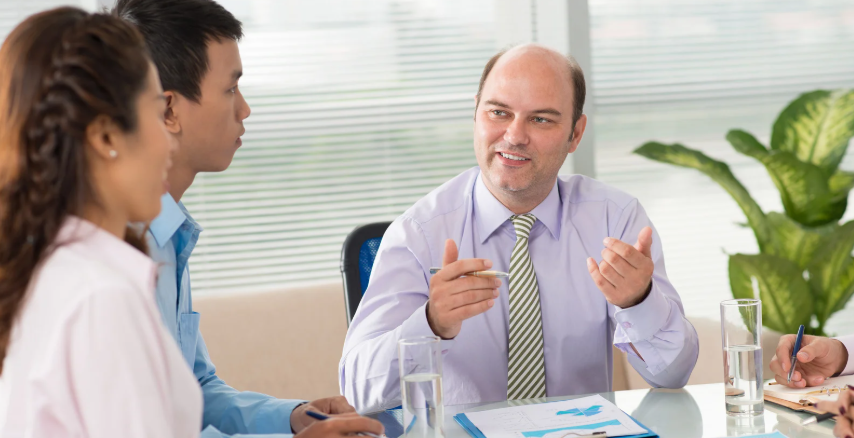 meeting, boss and employee, employee review, man in suit, business meeting