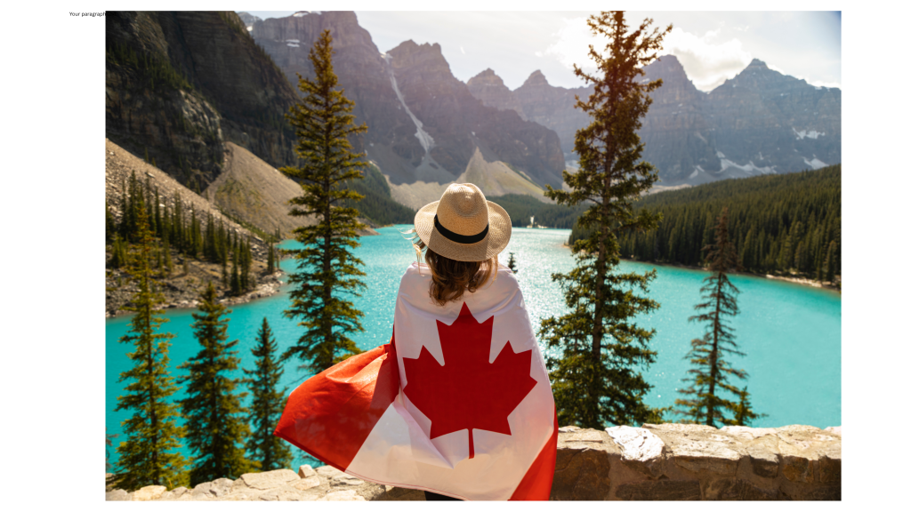 canada, canadian lake, canadian flag, woman in hat, blue lake