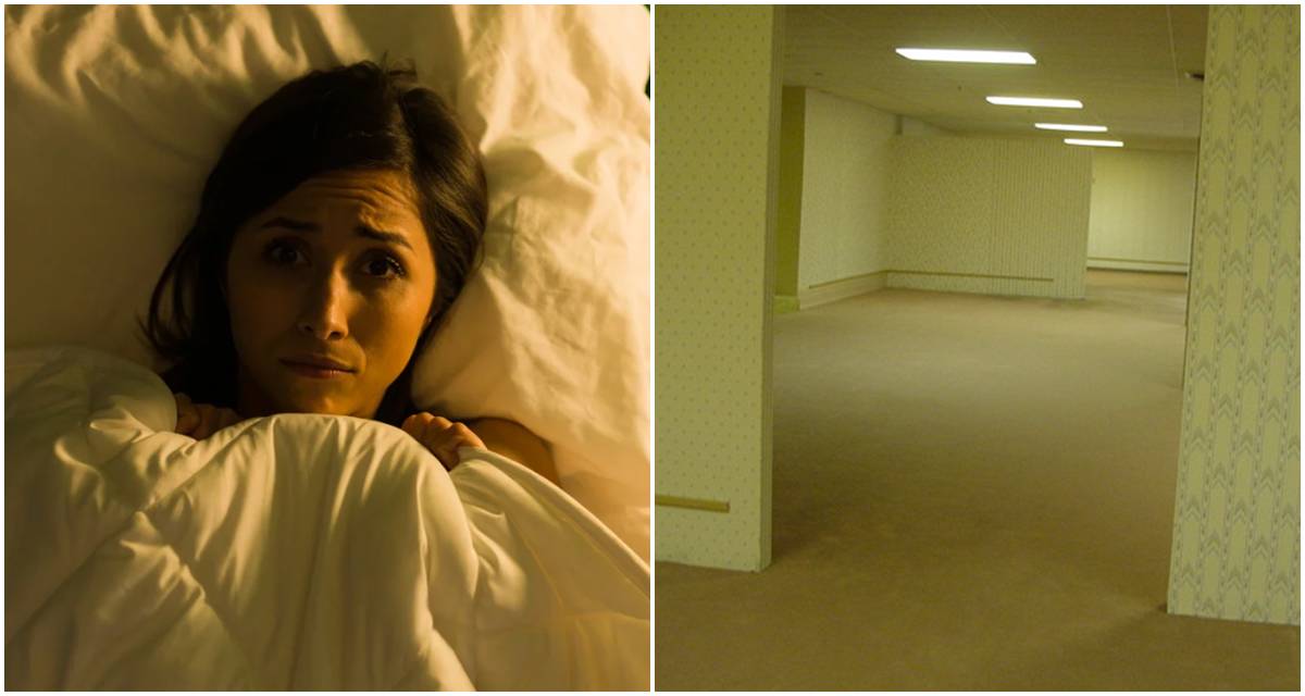 liminal spaces, backrooms, scared woman, horror movie, movies