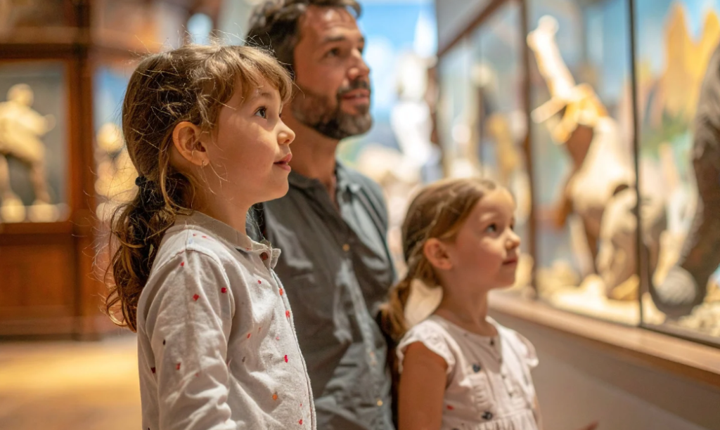museum family at museum, history, museum exhibit, dad and daughters, 