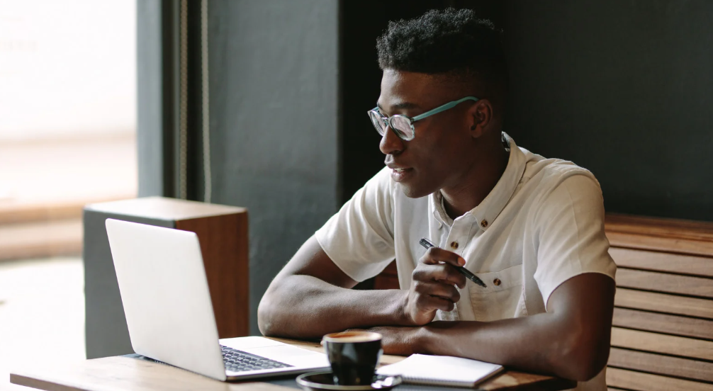 man in cafe, coffee shop, laptop, working in coffee shop, productivity
