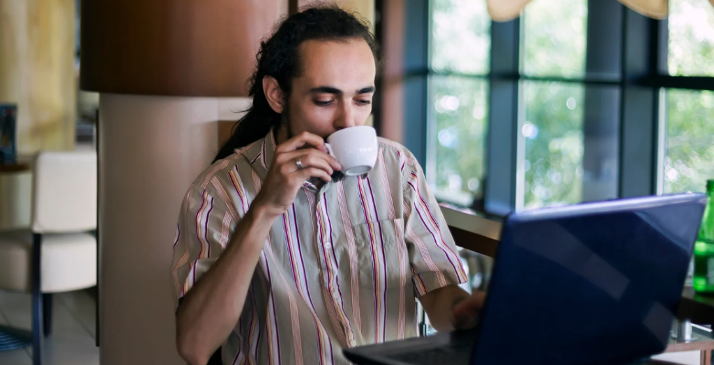man in cafe, coffee shop, laptop, working in coffee shop, productivity