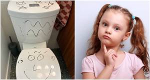 toilet, confused child, markers, drawing on toilet, parenting