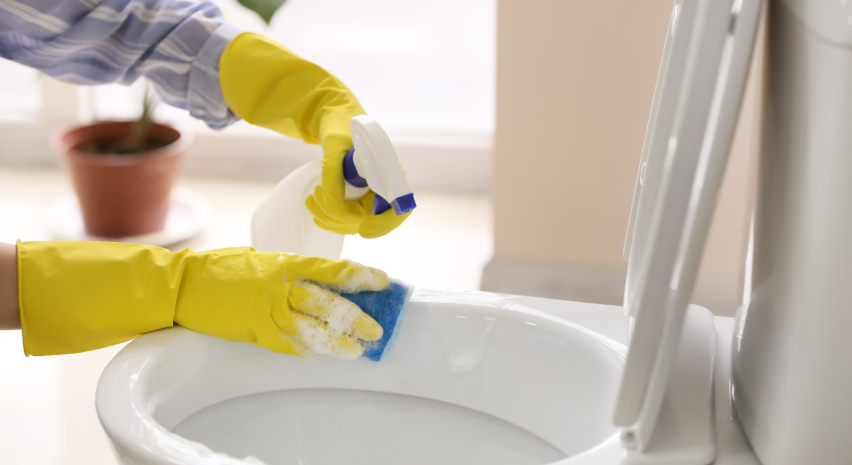 toilet, gloves, cleaning backroom, cleanser, antibacterial cleanser