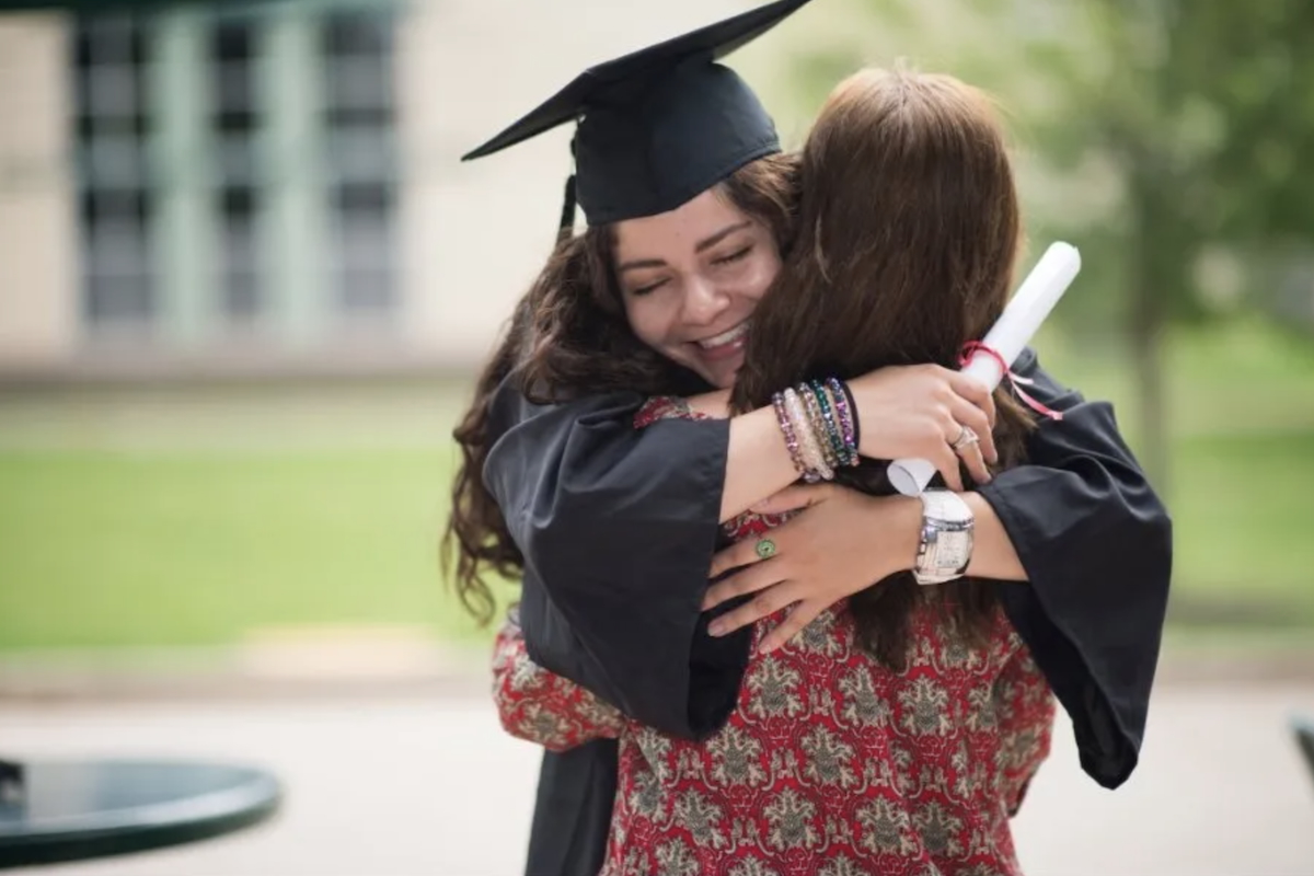 graduation, graduate, cap and gown, hugging graduate
