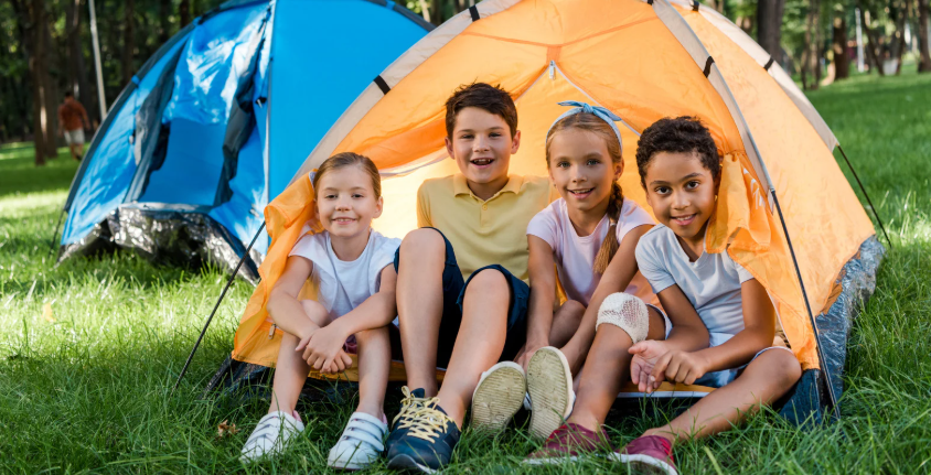 kids camping, tend, summer activities, sun in summer, yellow tent
