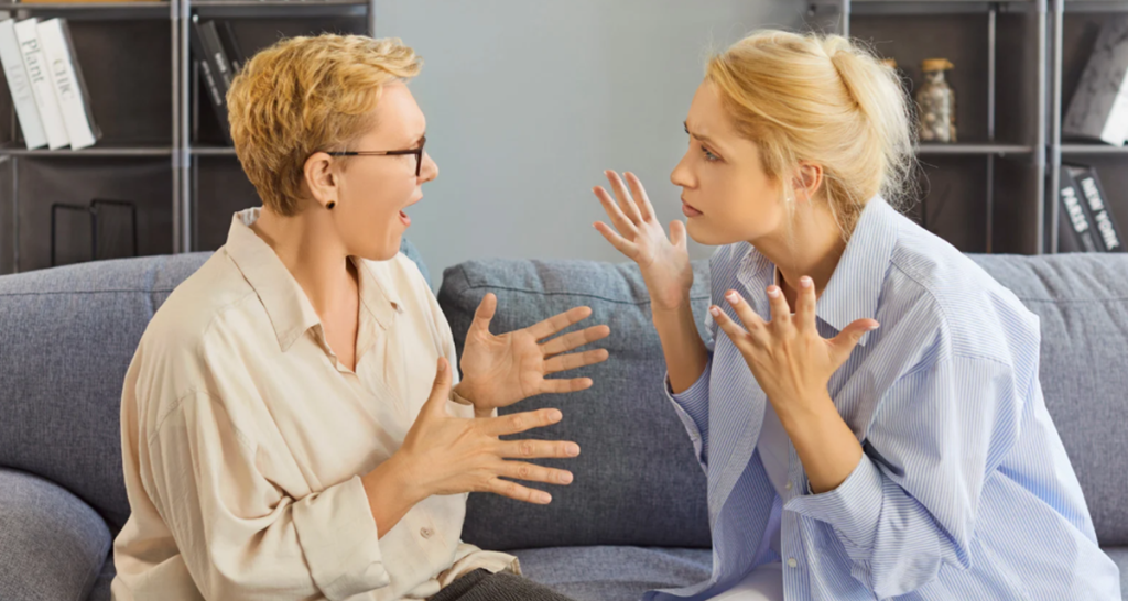 disagreement, family fight, mom vs daughter, shouting on couch, upset family