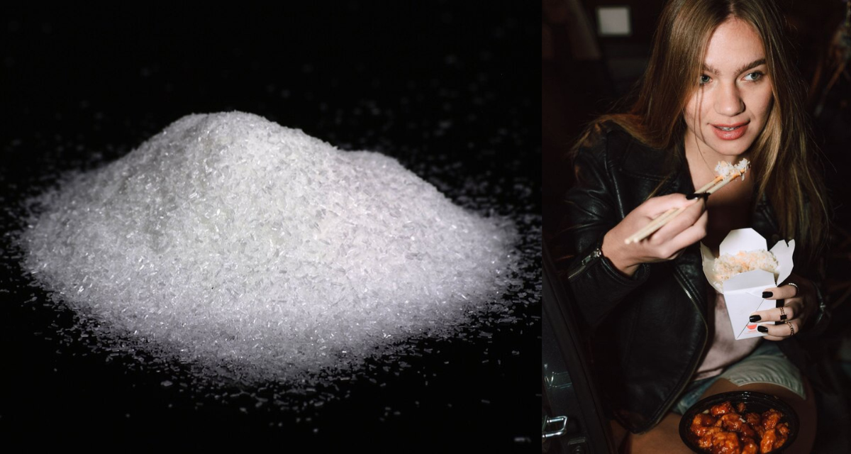 monosodium glutamate, MSG, woman in jacket, chopsticks, to-go container