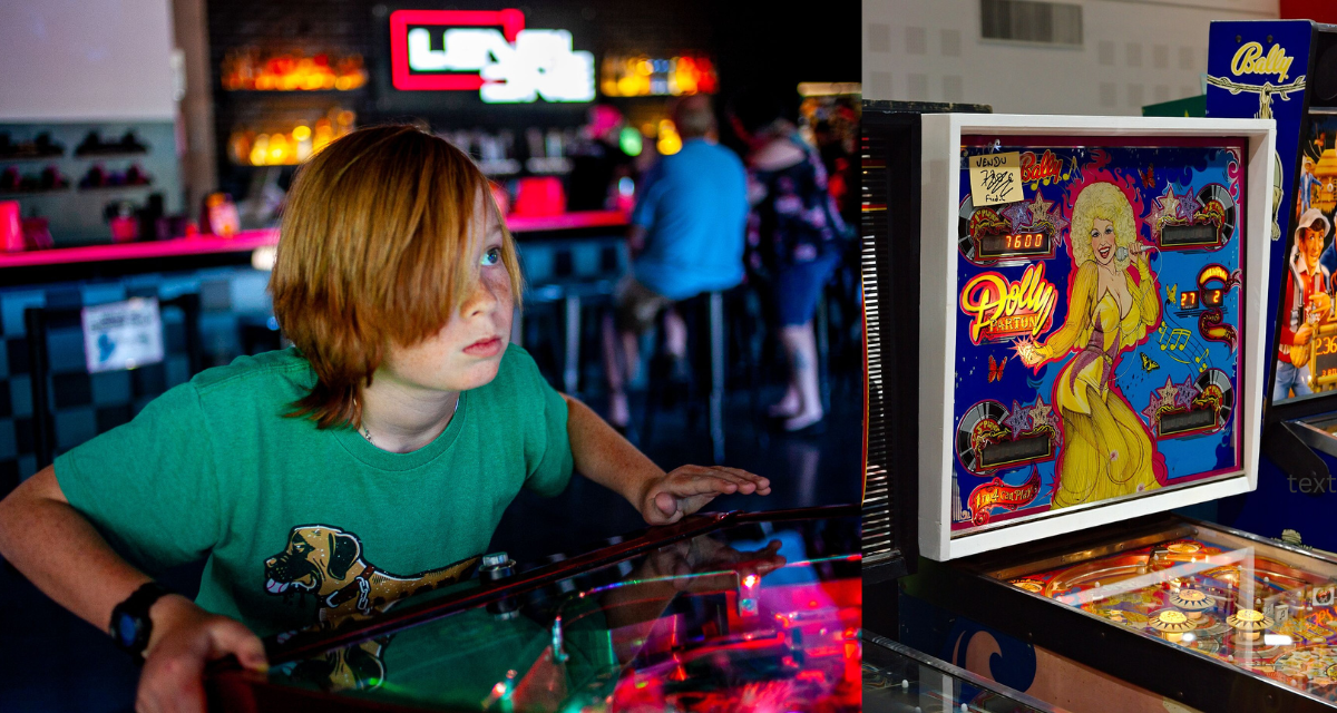pinball game, redhead child, arcade, green shirt, Dolly Parton