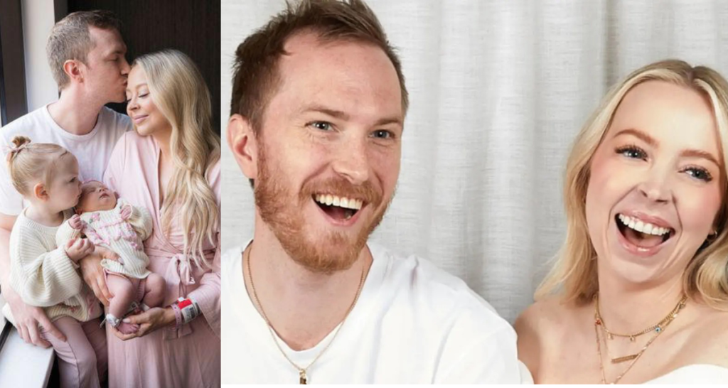 man with beard, blonde woman, family, toddler, baby