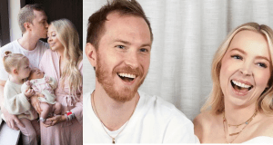 man with beard, blonde woman, family, toddler, baby