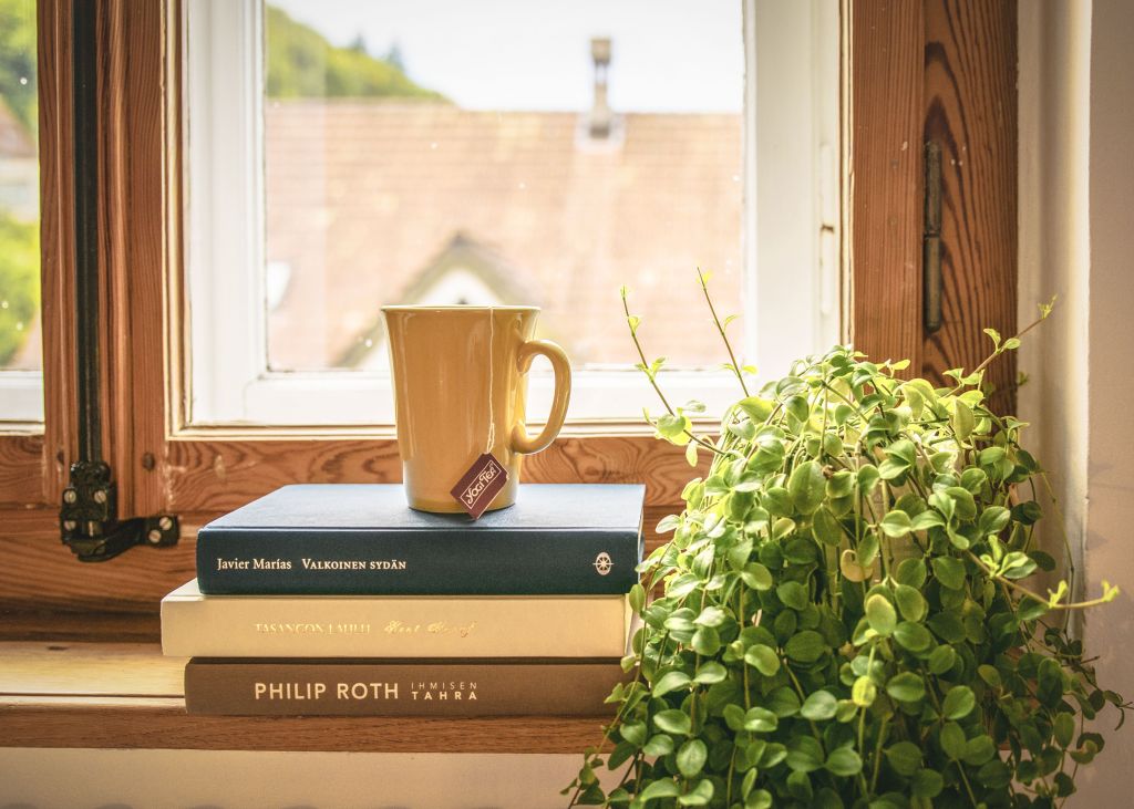 reading, books, mug, tea, cozy