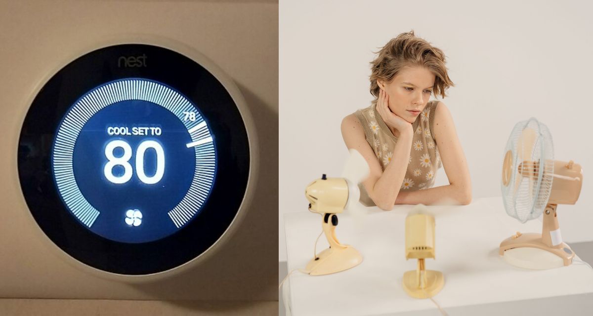 digital thermostat, blonde woman, indoor fan, white table, hot inside