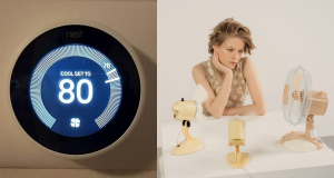 digital thermostat, blonde woman, indoor fan, white table, hot inside