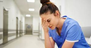 nurse, tired nurse, burnout, woman in scrubs, healthcare employee