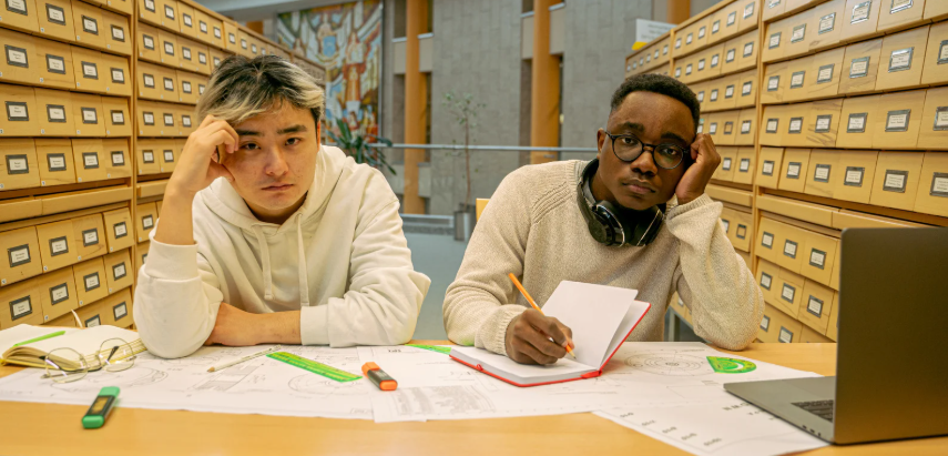 bored, students, studying, library, books, laptop