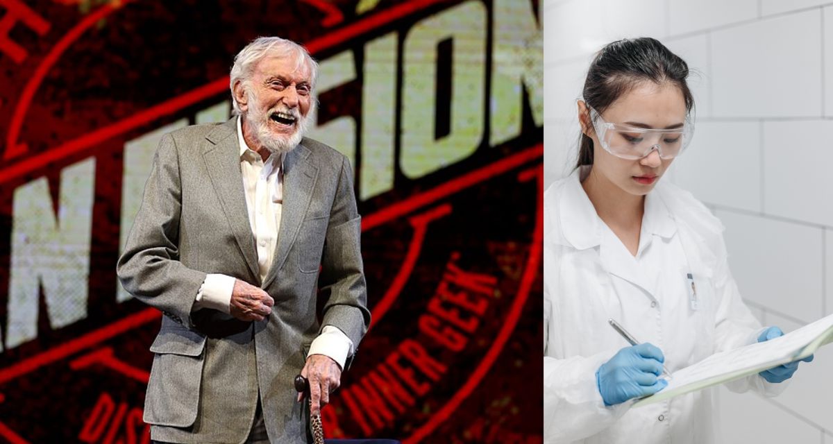 Dick Van Dyke, cane, bearded man, scientist, white coat