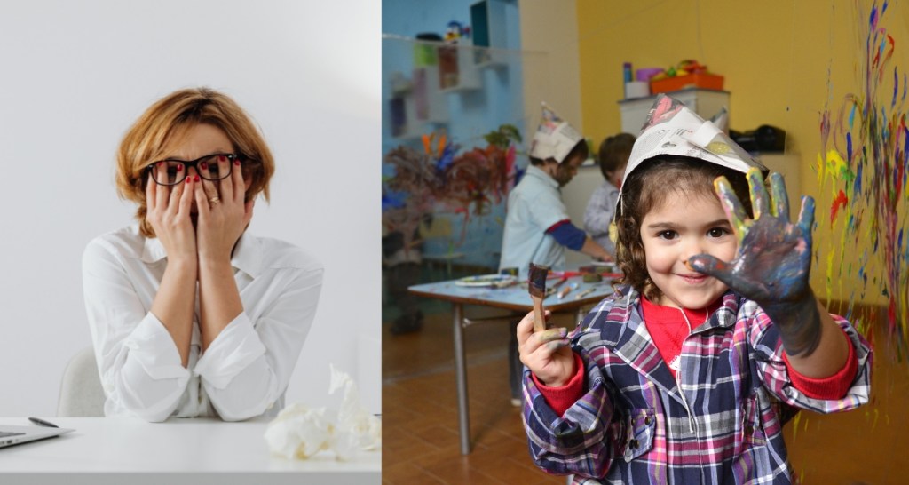 woman, frustrated, child, messy, smile