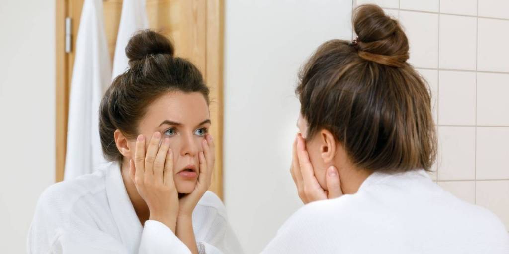 woman mirror, looking in mirror, blue eyes, bath robe, staring in mirror
