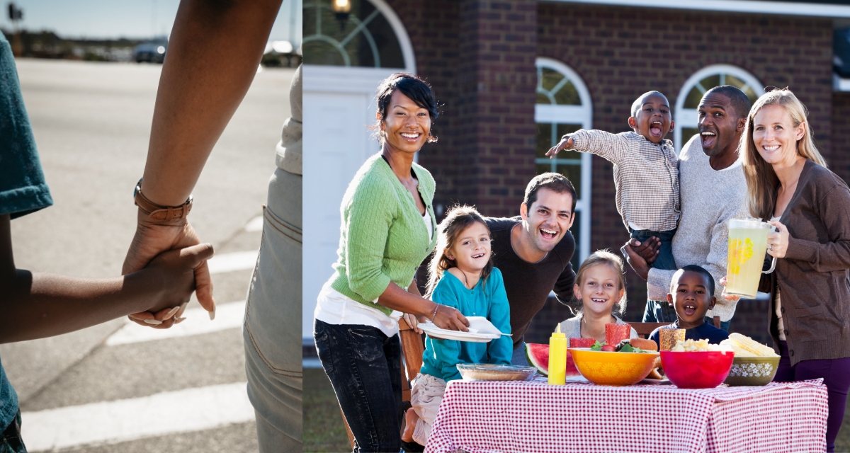 kids, families, suburban home, holding hands, friends