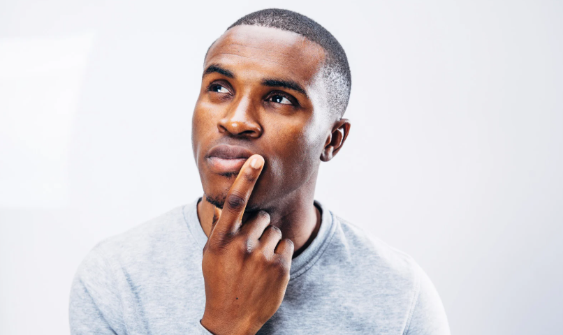 man thinking, idea, brainstorming, knowledge, man in sweatshirt, finger on chin