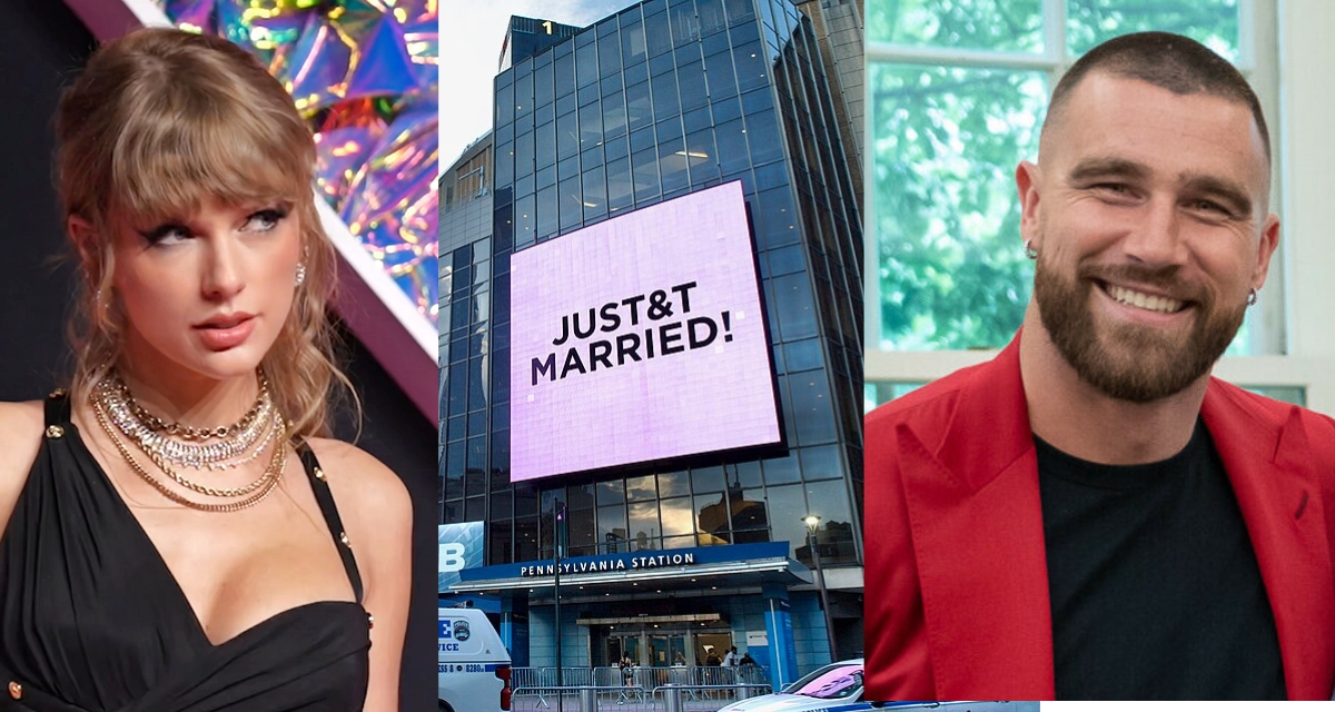 Taylor Swift, Travis Kelce, New York City, electronic sign, JUST&T MARRIED