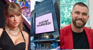 Taylor Swift, Travis Kelce, New York City, electronic sign, JUST&T MARRIED