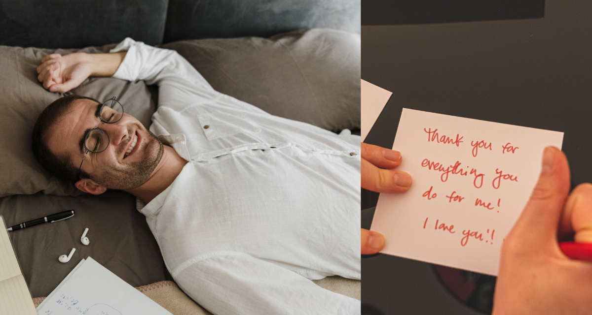 Man, glasses, thank-you-note, pen, happy