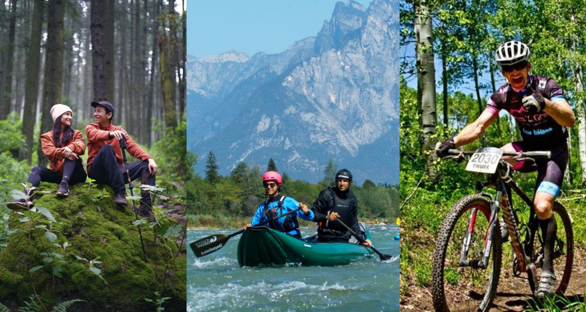 couple, hiking, kayaking, mountain bike, river
