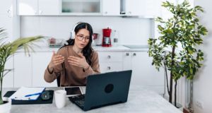 working remote, woman on video call, hr call, working from home, video call