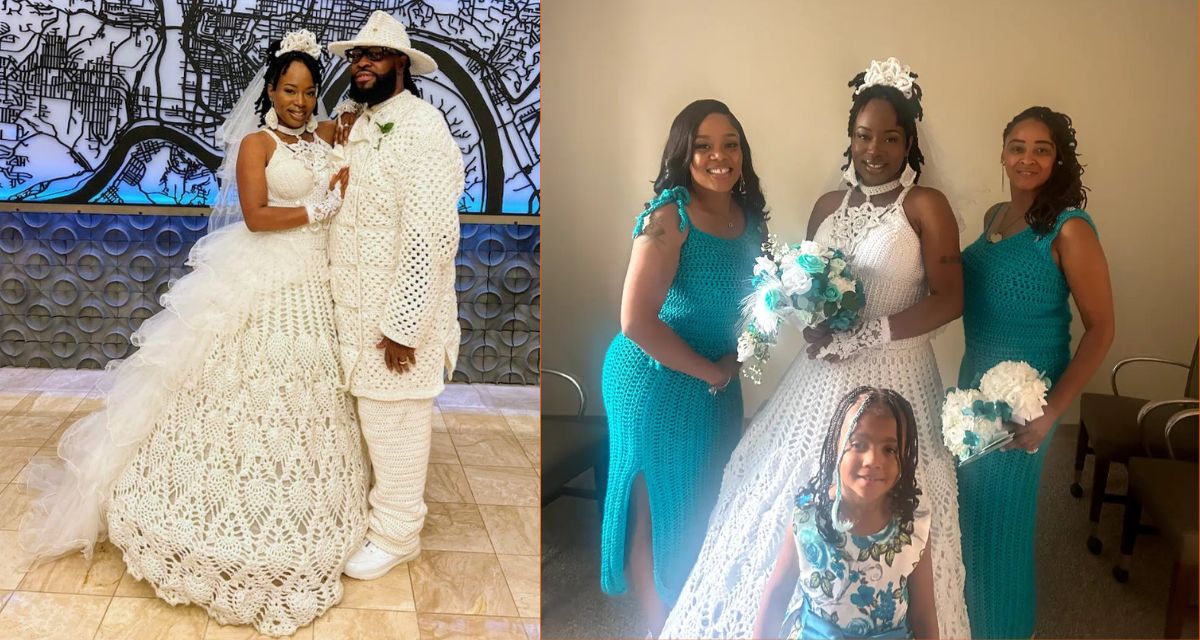 crochet, crochet wedding, crochet wedding dress, crochet tuxedo, tymesha scott