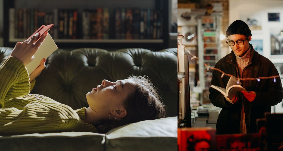 reading, book, woman, couch, man