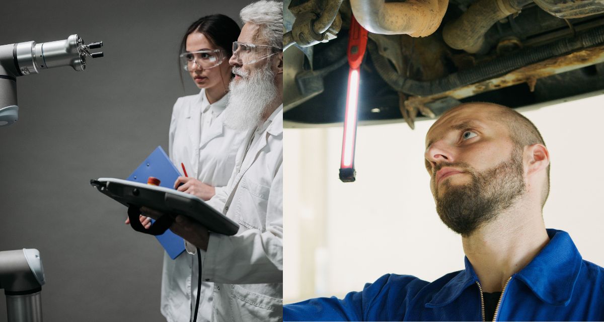 man, woman, scientist, mechanic, equipment