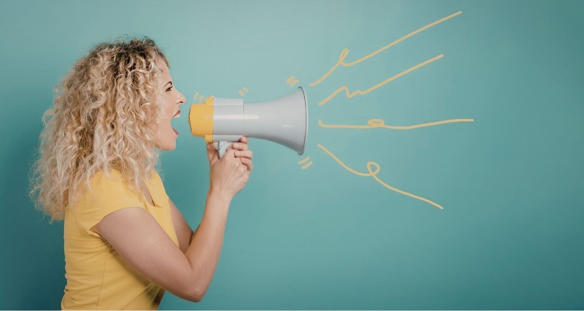 woman shouting, megaphone, gen x