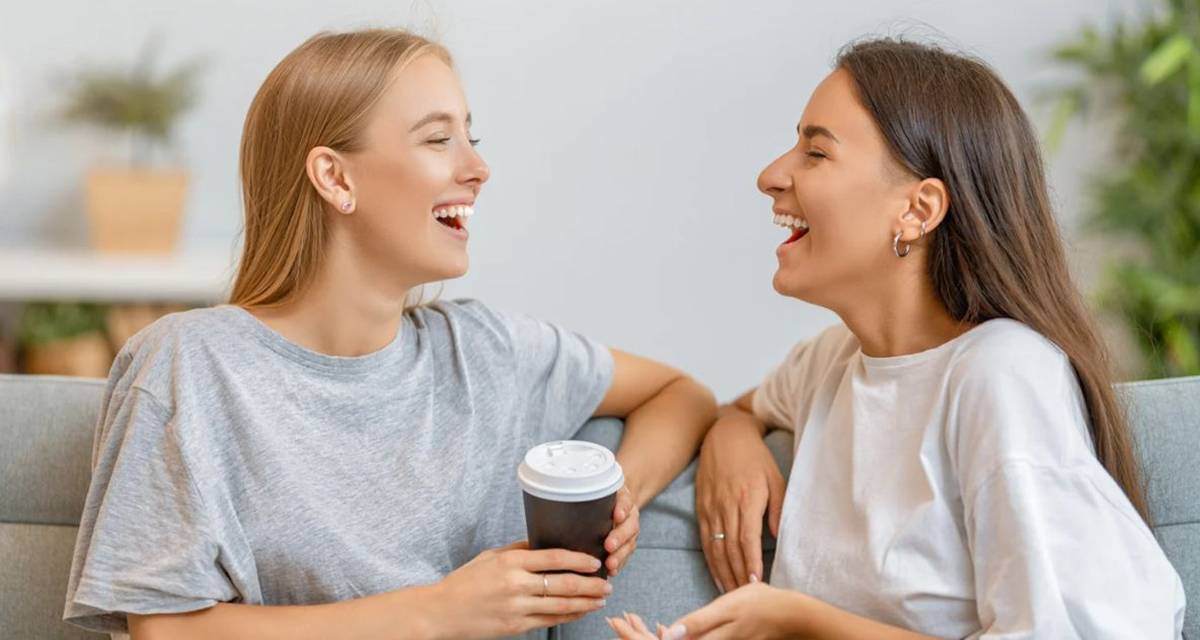 laughing, coffee, female friends, likability, communication