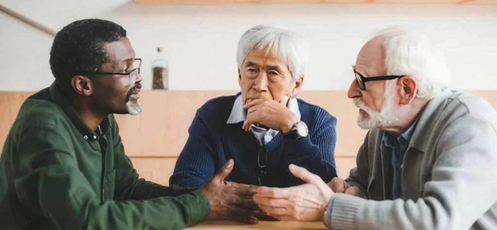 man talking, discussion, older men, debate, thoughtful talk