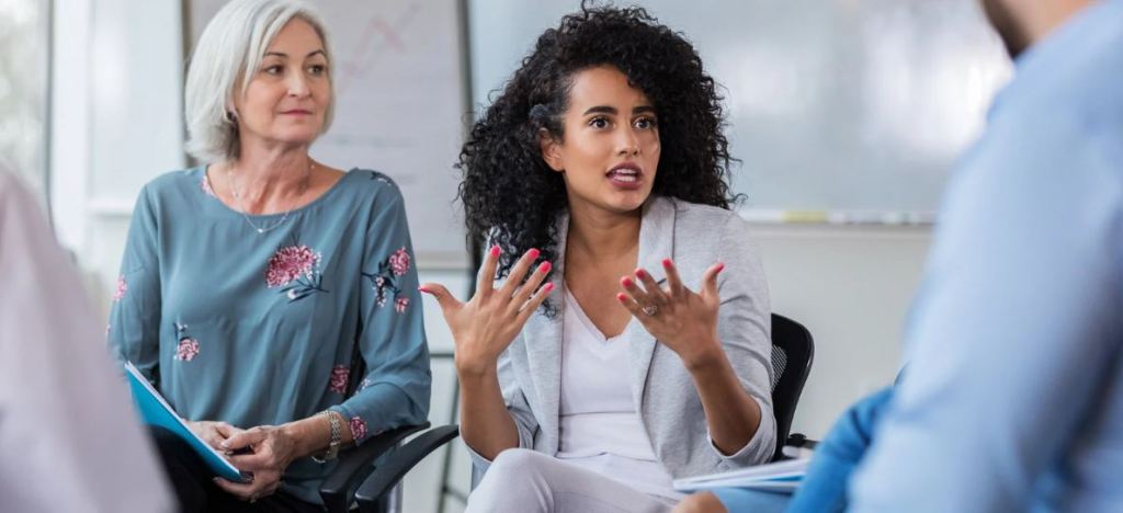 opinion, woman sharing, discussion, woman in suit, woman talking