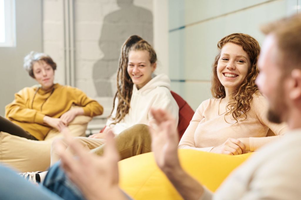 conversation, four people, communication, people skills, small talk