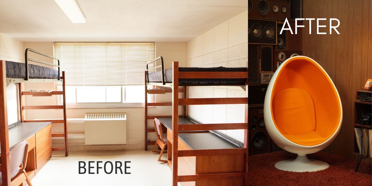 college dorm, beds, desk, modern chair, wood paneling