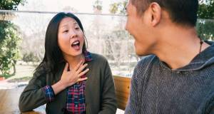 woman talking, hand over heart, sincere opinion, man and woman, conversation