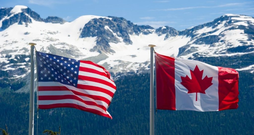 canadian flag, american flag, mountains, canada, united states