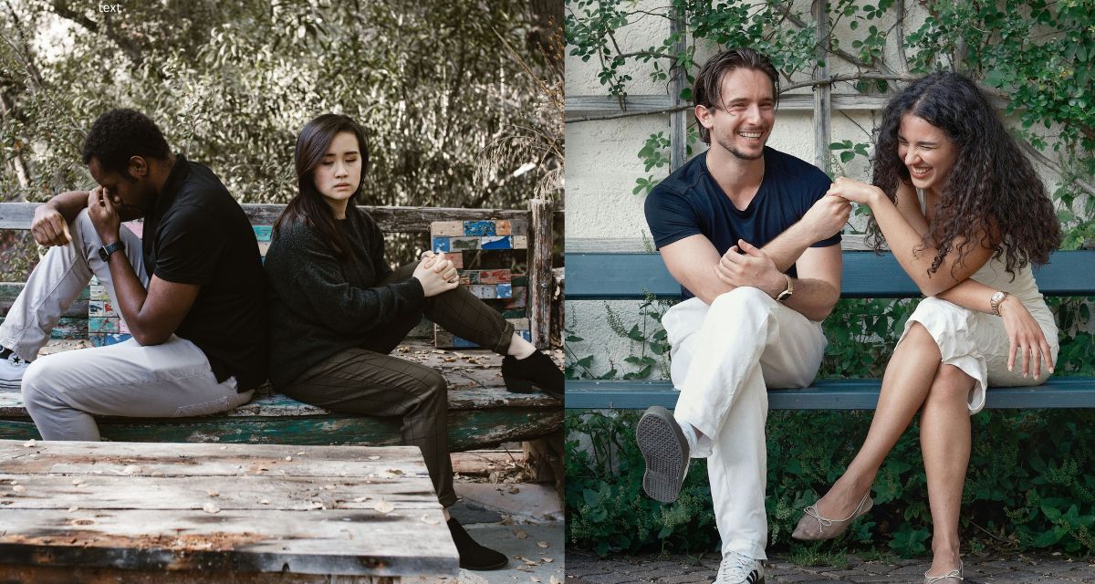 man, woman, bench, resentful, happy